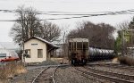 End of the eastbound oil train rolling by the Mertztown depot building